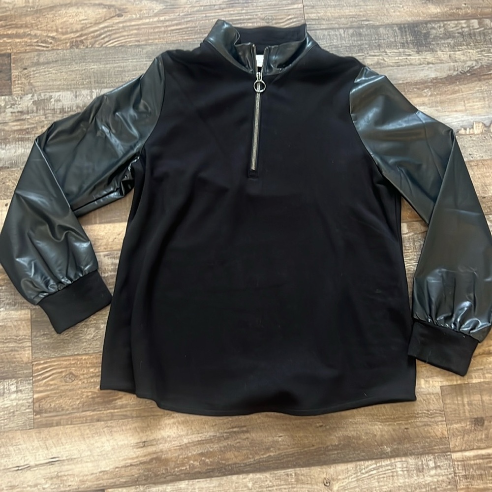 Chico’s Black Long Sleeve Sweatshirt with black faux leather Sleeves. Size 1